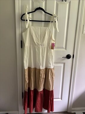 Riley & Rae Cream, Tan and Red Tiered Tie-Strap Maxi Dress